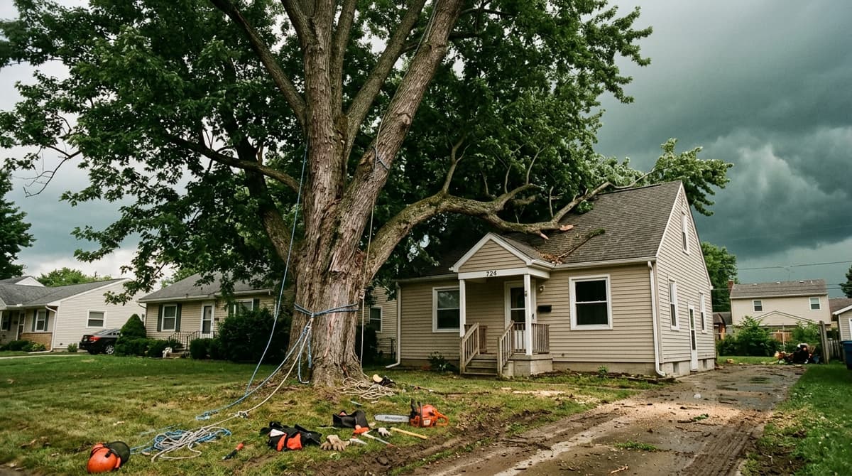 A large mature tree leaning over the roof of a two-story Ohio house under heavy sky