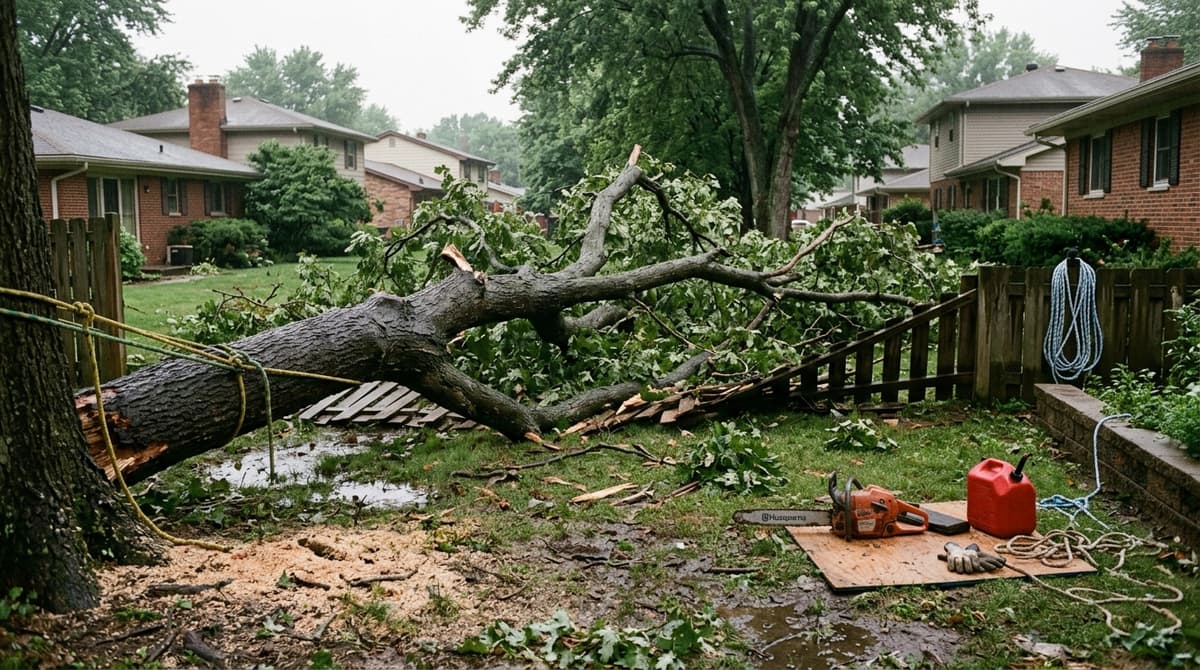A large limb down across a suburban yard after a storm