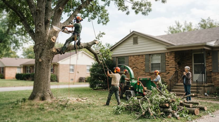 A crew mid-task: can seniors get a tree removed for free