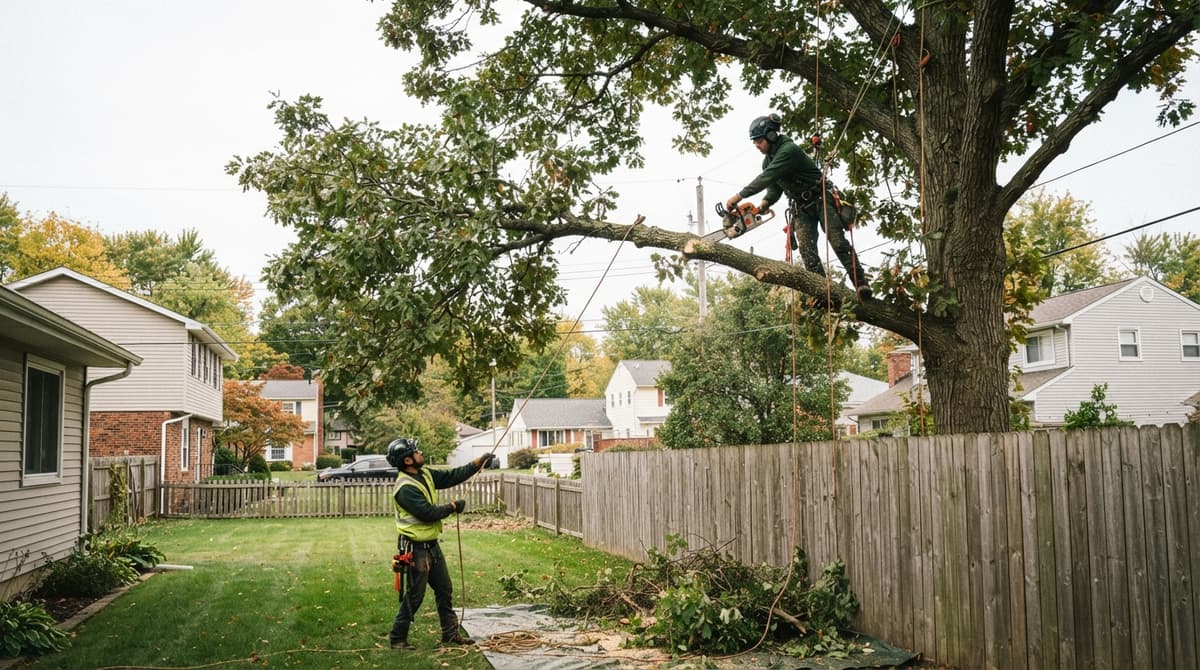 A crew mid-task: can you trim a neighbor's tree that hangs over your yard in ohio