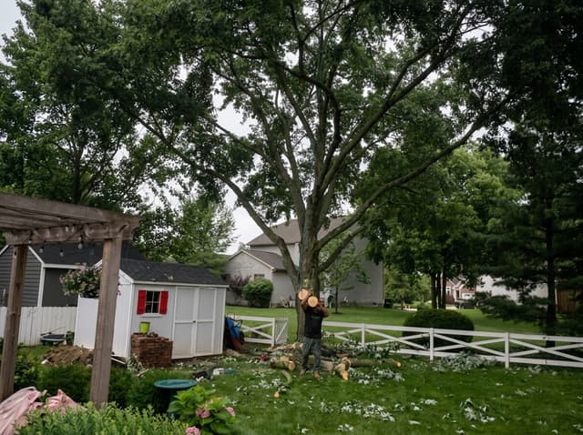 The same tree with the crown reduced and the cuttings on the lawn: tree removal by A.S.H. Tree Service, serving Bexley, OH