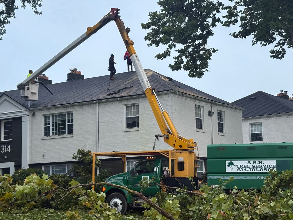 The A.S.H. bucket truck with its boom over a roof and the crew working on the ridge: tree removal by A.S.H. Tree Service, serving Blacklick, OH