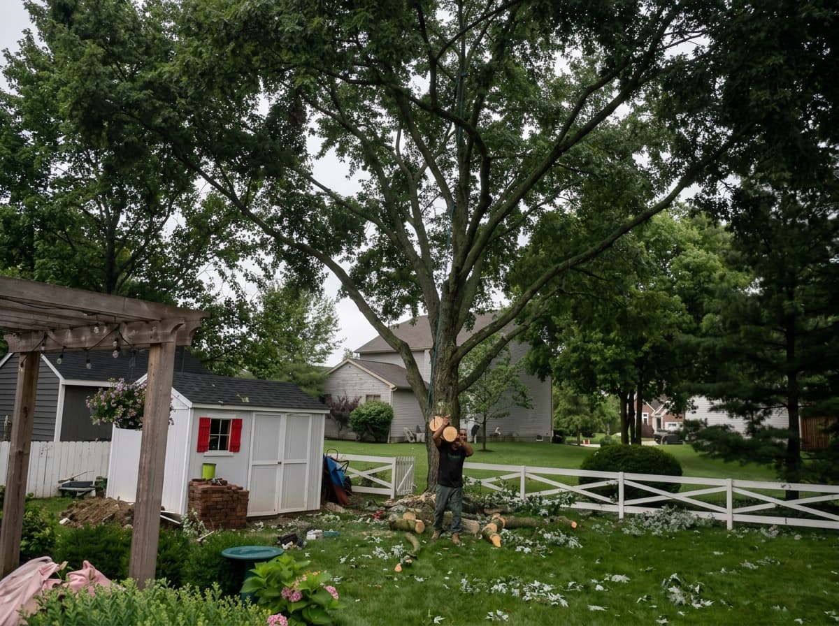 A backyard tree after a crown reduction, the cuttings on the lawn: tree removal by A.S.H. Tree Service, serving Worthington, OH